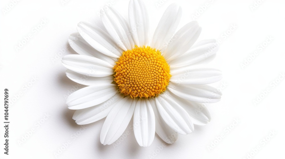 Fototapeta premium Close-up of a single, perfectly bloomed daisy, vibrant yellow center surrounded by delicate white petals, isolated on white for a fresh, natural look