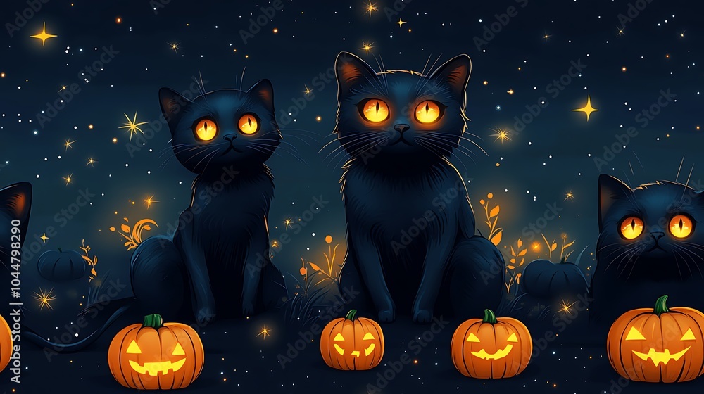 Cute Black Cats with Glowing Eyes on Pumpkins Cute Black Cats with Glowing Eyes on Pumpkins