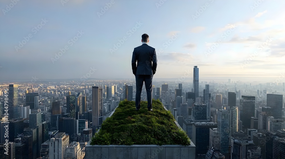 Businessman overlooking a futuristic cityscape from a rooftop garden Businessman overlooking a futuristic cityscape from a rooftop garden