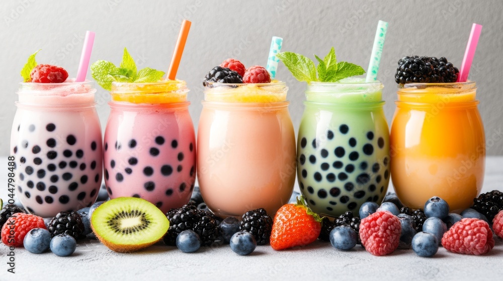 Vibrant Tea Desserts with Fresh Toppings in Cafe Setting Vibrant Tea Desserts with Fresh Toppings in Cafe Setting