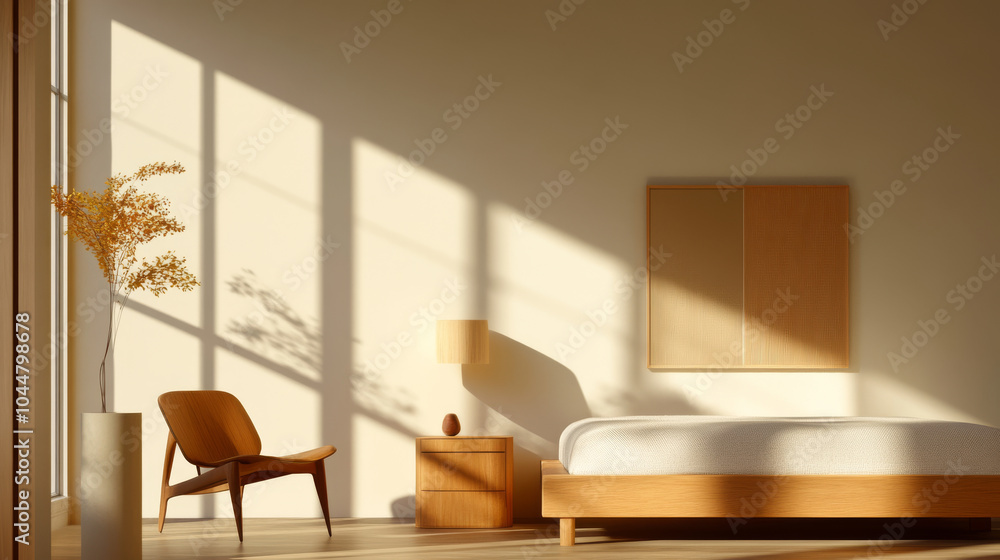 A serene bedroom featuring minimalist design elements, warm wooden furniture, and soft natural light casting gentle shadows. space exudes tranquility and modern elegance A serene bedroom featuring minimalist design elements, warm wooden furniture, and soft natural light casting gentle shadows. space exudes tranquility and modern elegance