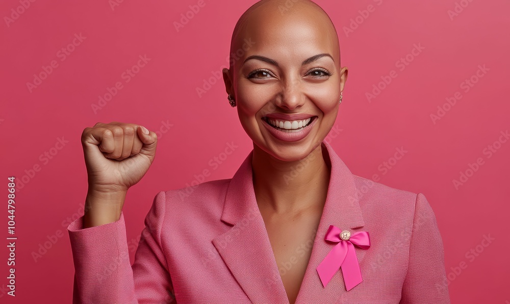 Smiling woman in pink suit, bald, fist raised, pink ribbon. Smiling woman in pink suit, bald, fist raised, pink ribbon.