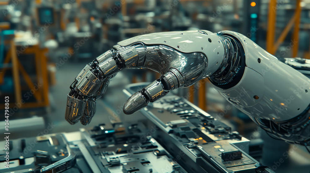 A futuristic robotic hand delicately interacts with intricate machinery in high tech industrial setting, showcasing advanced technology and precision A futuristic robotic hand delicately interacts with intricate machinery in high tech industrial setting, showcasing advanced technology and precision