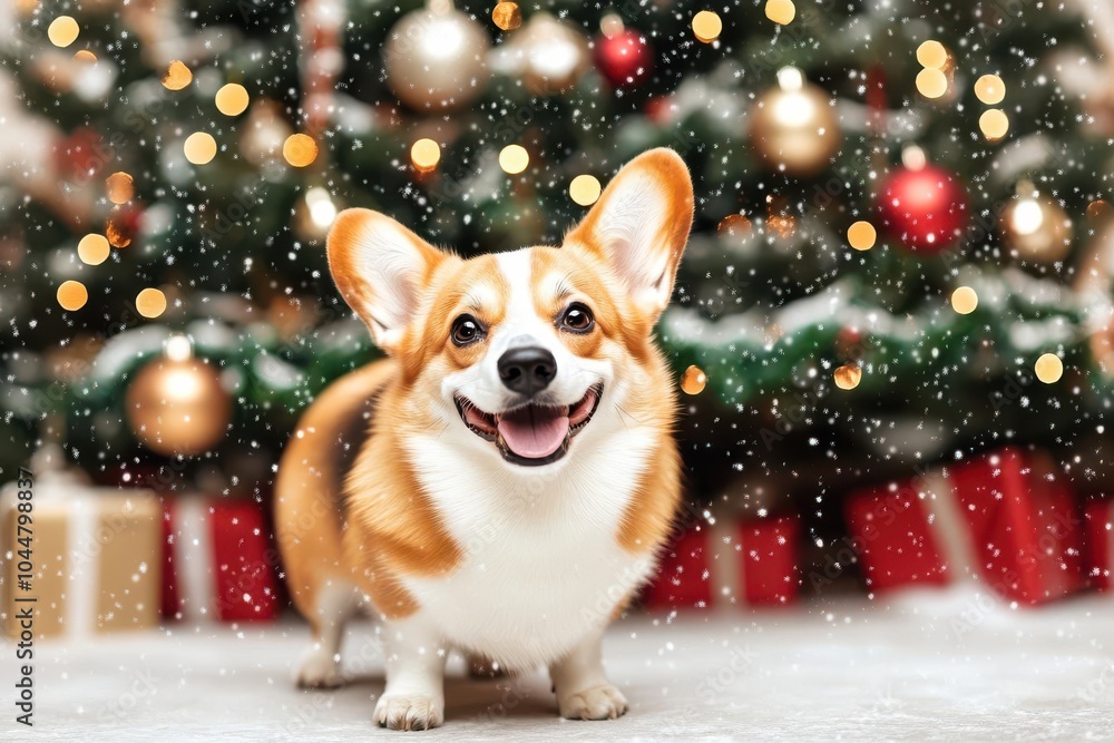 A corgi standing near a Christmas tree with twinkling ornaments A corgi standing near a Christmas tree with twinkling ornaments
