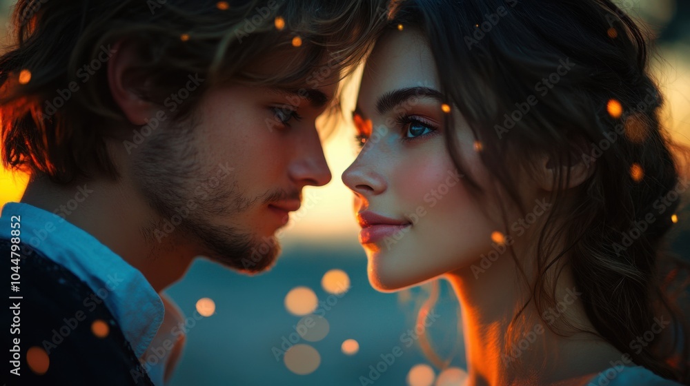A handsome man gazes lovingly at a beautiful woman under a shimmering starry sky at night, creating a romantic atmosphere A handsome man gazes lovingly at a beautiful woman under a shimmering starry sky at night, creating a romantic atmosphere