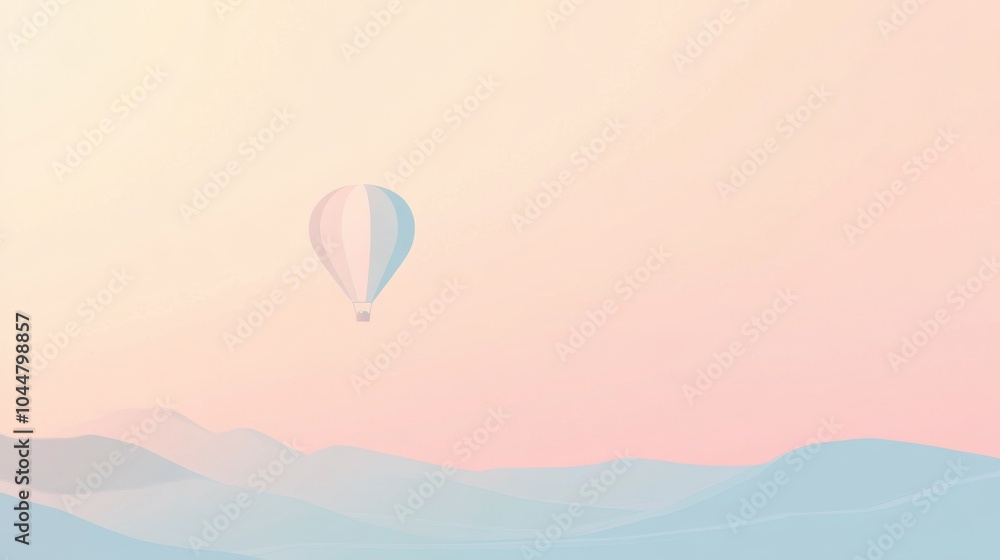Obraz premium A single hot air balloon floats high above a pastel-colored mountain landscape, with a soft, warm sunrise glow.