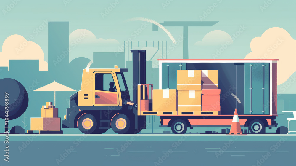 Efficient logistics and delivery are depicted in this vibrant illustration of forklift loading boxes onto truck. scene captures essence of modern transportation and warehouse operations Efficient logistics and delivery are depicted in this vibrant illustration of forklift loading boxes onto truck. scene captures essence of modern transportation and warehouse operations