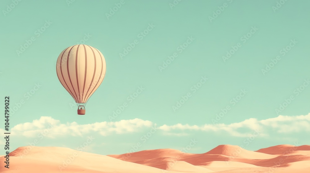 Obraz premium A single hot air balloon floats in the sky above a sandy desert landscape.