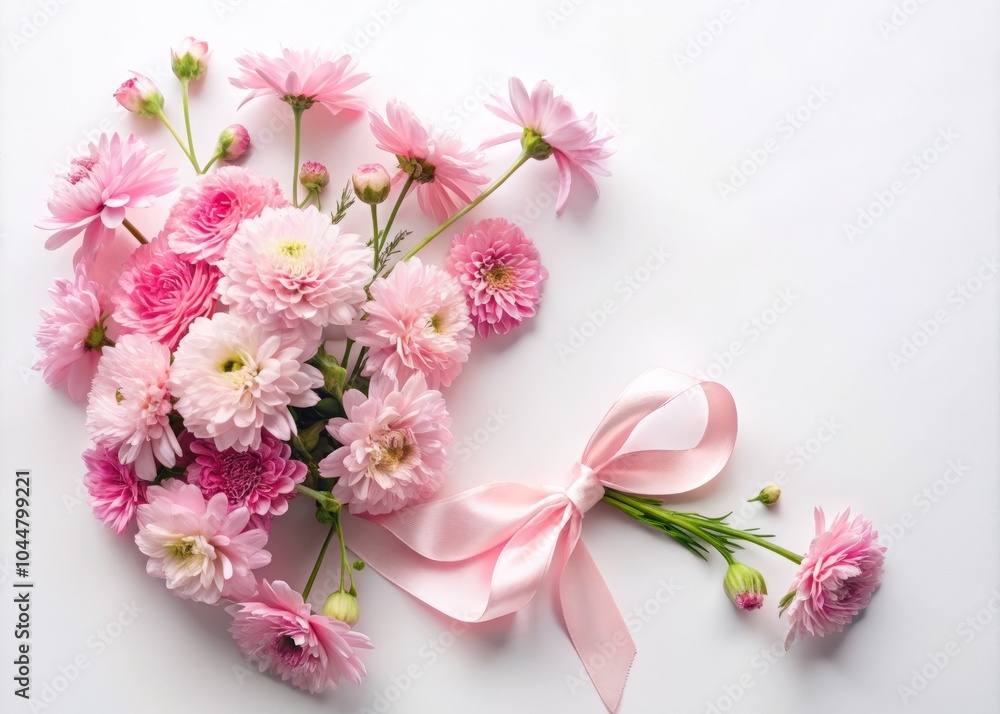 Fototapeta premium Elegant Pink Flowers with Ribbon on White Background - Aesthetic Floral Arrangement, Wedding Decor, Spring Blossom, Nature Beauty, Floral Design, Soft Color Palette
