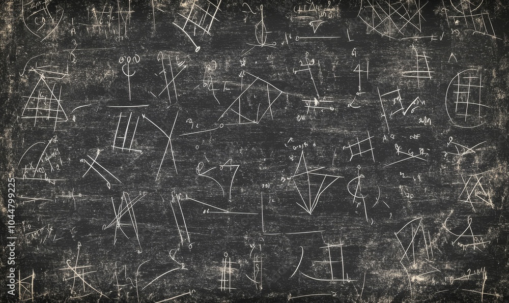 Obraz premium Chalkboard with scribbles, equations, and geometric shapes.