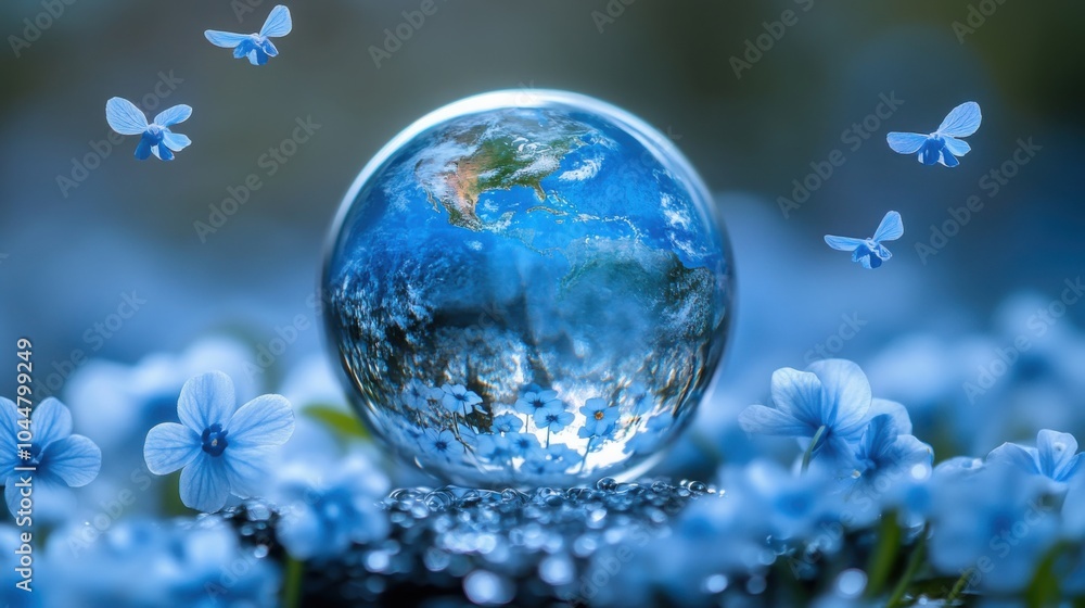 A sparkling glass globe of Earth surrounded by forget-me-nots on a shimmering silver background filled with stars