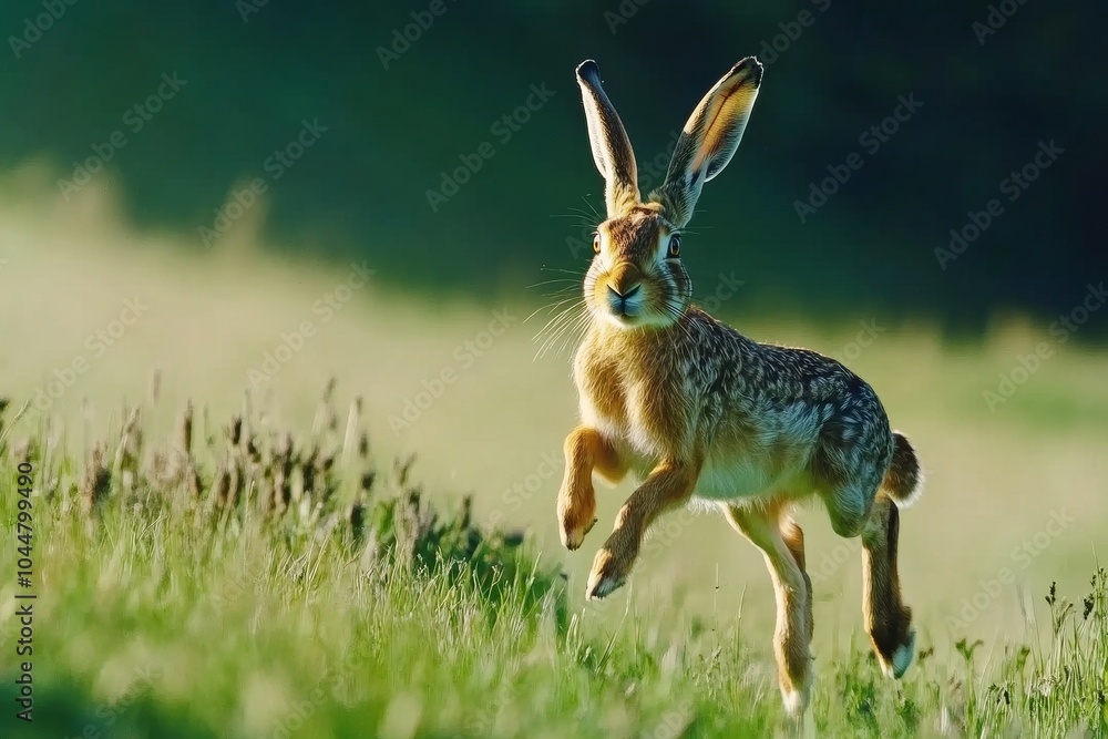 A Captivating Moment: A Hare Leaps Through Lush Green Grass Under a Golden Sunlight, Radiating Joy and Freedom in Nature's Embrace A Captivating Moment: A Hare Leaps Through Lush Green Grass Under a Golden Sunlight, Radiating Joy and Freedom in Nature's Embrace