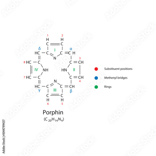Diagram of Porphin molecule chemical molecular structure, featuring rings and substitutions. Scientific schematic diagram. skeletal structure diagram. compound molecule scientific illustration.