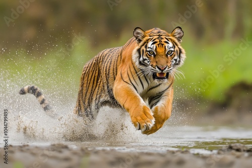 A Majestic Tiger Charges Through Water, Showcasing Power and Grace in a Captivating Display of Nature's Beauty and Wildness.