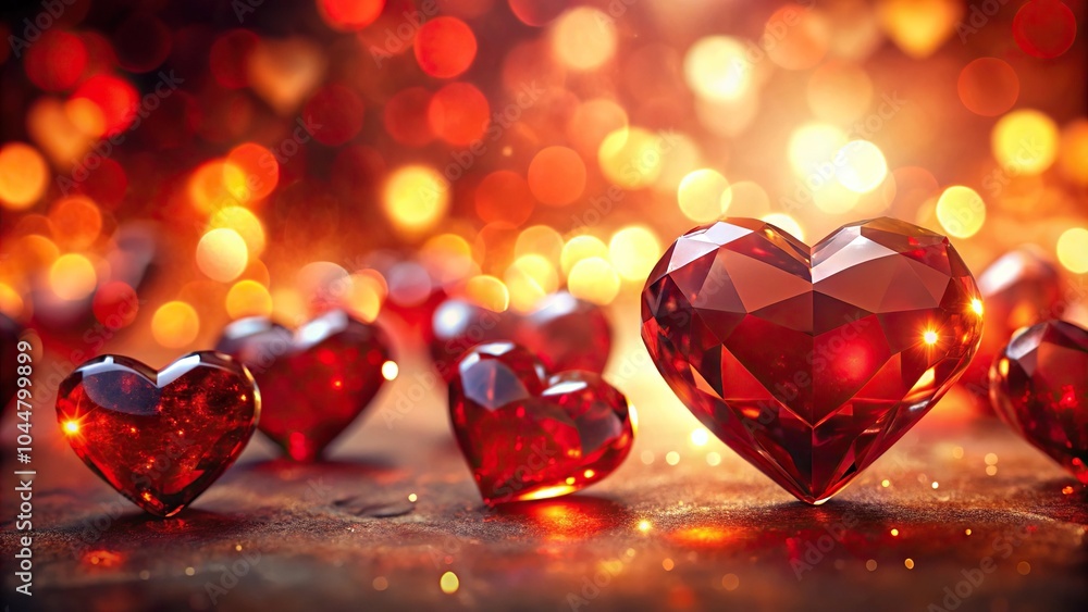 Vibrant red crystal hearts with blurred background and warm lighting, creating a magical forced perspective Vibrant red crystal hearts with blurred background and warm lighting, creating a magical forced perspective