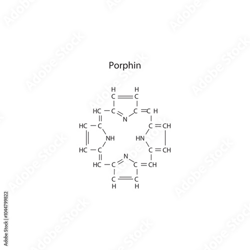 Diagram of Porphin molecule chemical molecular structure, featuring rings and substitutions. Scientific schematic diagram. skeletal structure diagram. compound molecule scientific illustration.