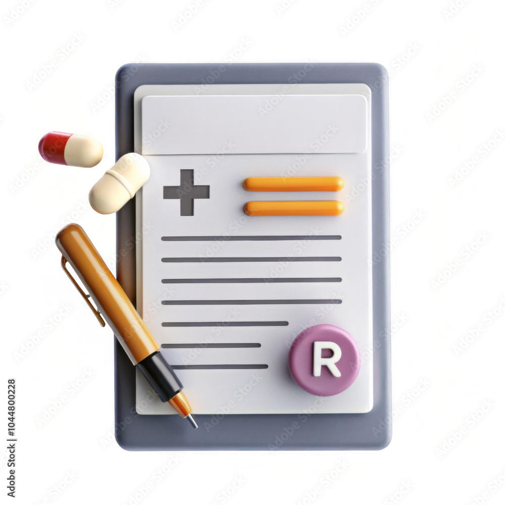 A 3D render of a prescription pad with colorful pills and a pen, showing a healthcare theme. Ideal for medical-related graphics. A 3D render of a prescription pad with colorful pills and a pen, showing a healthcare theme. Ideal for medical-related graphics.