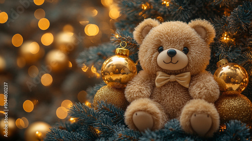 Christmas tree decorated with Golden balls and teddy bear
