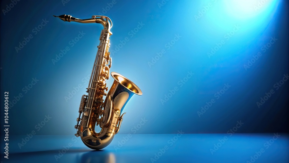 Naklejka premium Shiny saxophone on left side with blue background for copy space