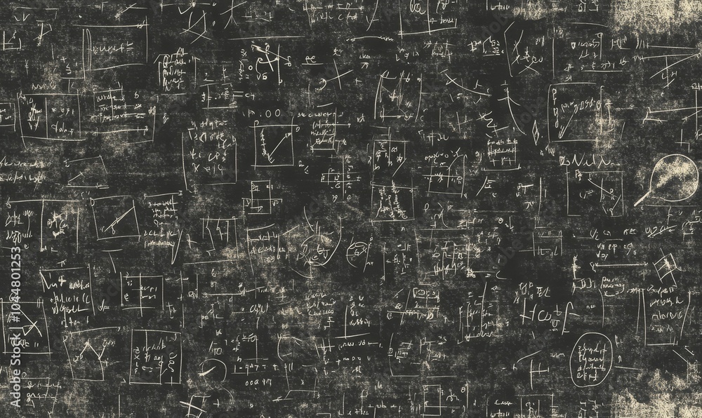 Blackboard filled with chalk scribbles and math equations. Blackboard filled with chalk scribbles and math equations.