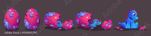 Cute baby reptile birth from egg animation sequence. Little dino hatching from eggshell. Cartoon vector child dinosaur emerging from shell. Bright colorful prehistoric Jurassic period childish animal.