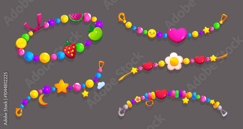 Colorful friendship bracelets made up of vibrant beads and playful charms like fruits and stars, hearts and smile, flowers and moon. Cartoon vector set of fun and cheerful child girl accessory set.