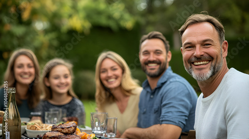 Group of happy friends having a barbecue meal sitting at a table outdoors Family enjoying a meal together in the garden or backyard of their home Concept meeting friends food and good time