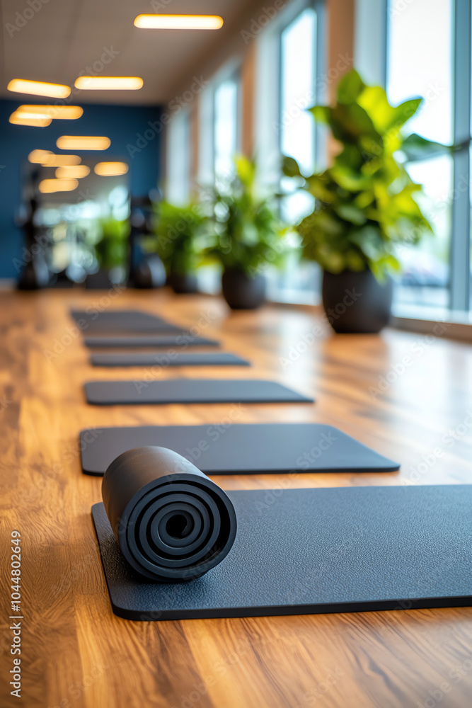 Serene yoga space with rolled mats and lush greenery for mindful practice Serene yoga space with rolled mats and lush greenery for mindful practice