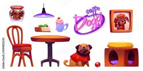 Dog friendly cafe interior elements. Cartoon vector set of cafeteria indoor objects - cute domestic animal sitting, pet portraits, canine toy and house. table with chair and dessert food, neon sign.