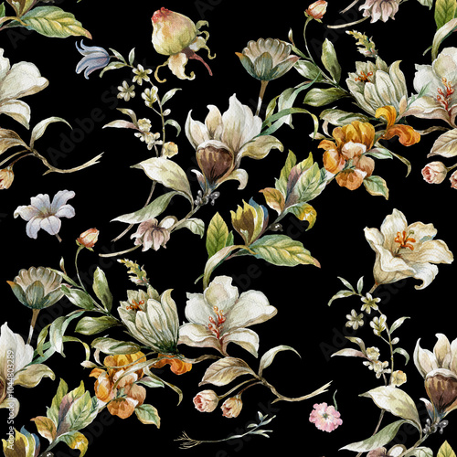 Watercolor painting of leaf and flowers, seamless pattern on dark background