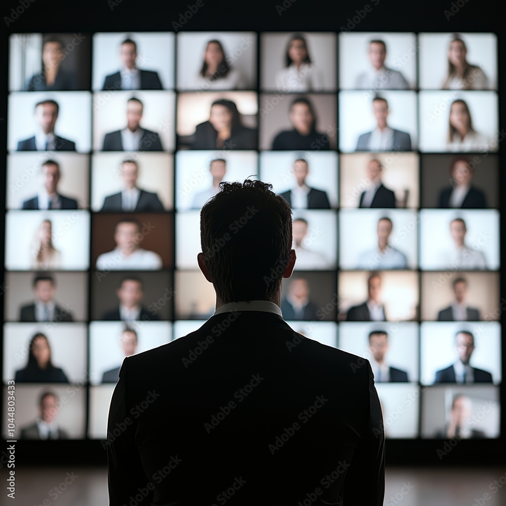 Fototapeta premium A man in a suit gazes at a grid of diverse professionals on screens.