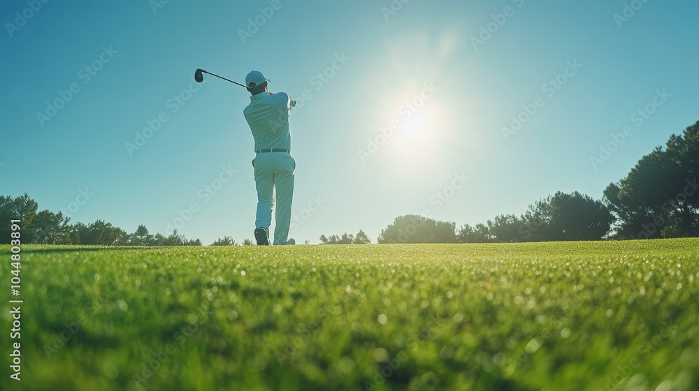 High-angle close-up of a golfer in mid-swing, following the trajectory of the ball towards the pin on a lush green, clear sky in the background. golfer drive close-up, dynamic movement
