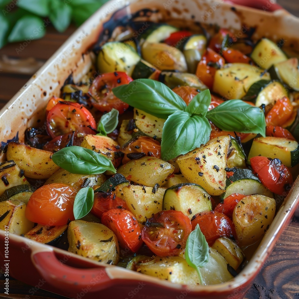 A dish of briam, a baked vegetable medley with potatoes, zucchini, and tomatoes, garnished with fresh basil A dish of briam, a baked vegetable medley with potatoes, zucchini, and tomatoes, garnished with fresh basil