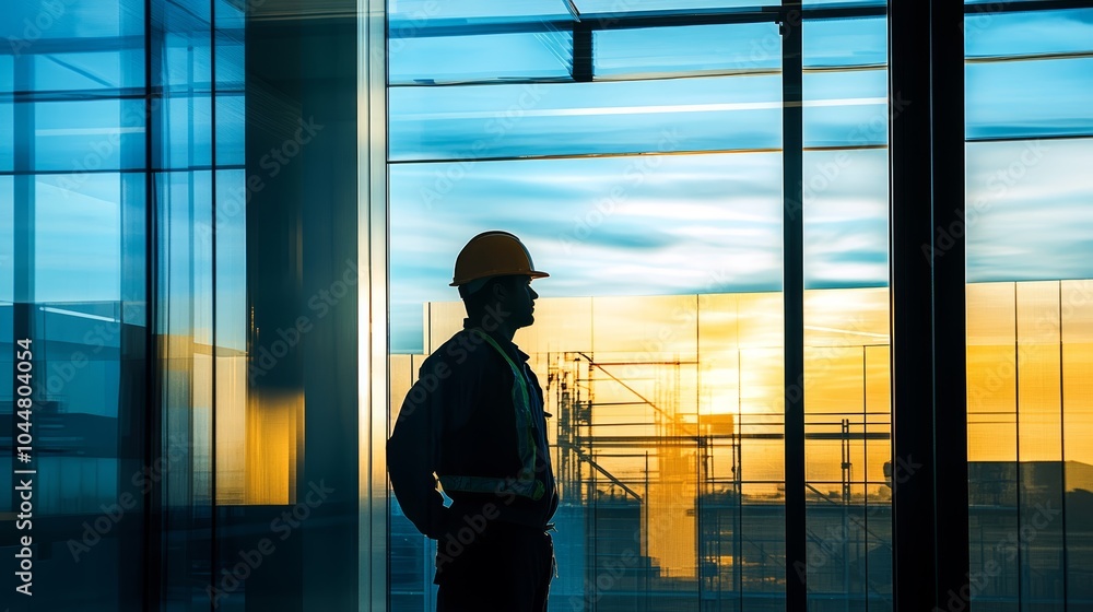 Silhouette of a male construction worker at sunset, wearing a hard hat and reflective vest. Silhouette of a male construction worker at sunset, wearing a hard hat and reflective vest.