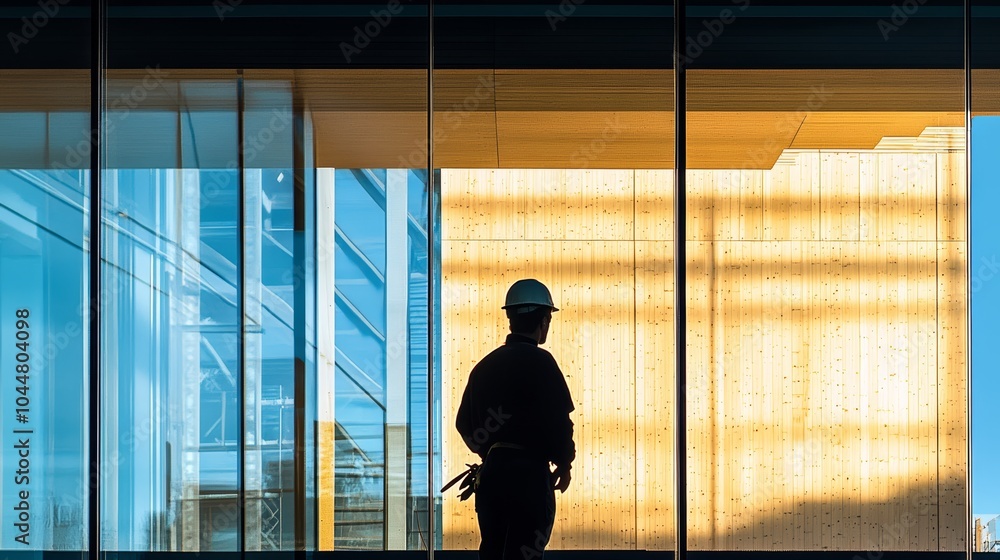 Fototapeta premium Silhouette of a male construction worker in a hard hat against a modern building.