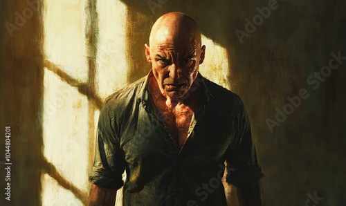 Angry bald man in a dark room.