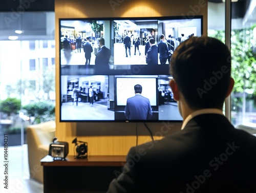 Male professional observing multiple security feeds in a modern office setting.