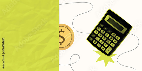 Contemporary Halftone Collage Cash for investments concept, marketing, trading. Online Stock banner with finance elements, coins, money. Vertical invest or business poster. Vector illustration.