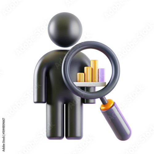 A 3D render of a black figure holding a magnifying glass over a bar chart. The model emphasizes data analysis and observation. photo