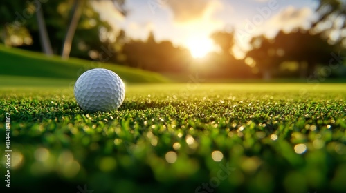 Golf ball sinking into the hole, club ready to strike, calm green putting surface, golden hour ambiance with peaceful fairway backdrop photo