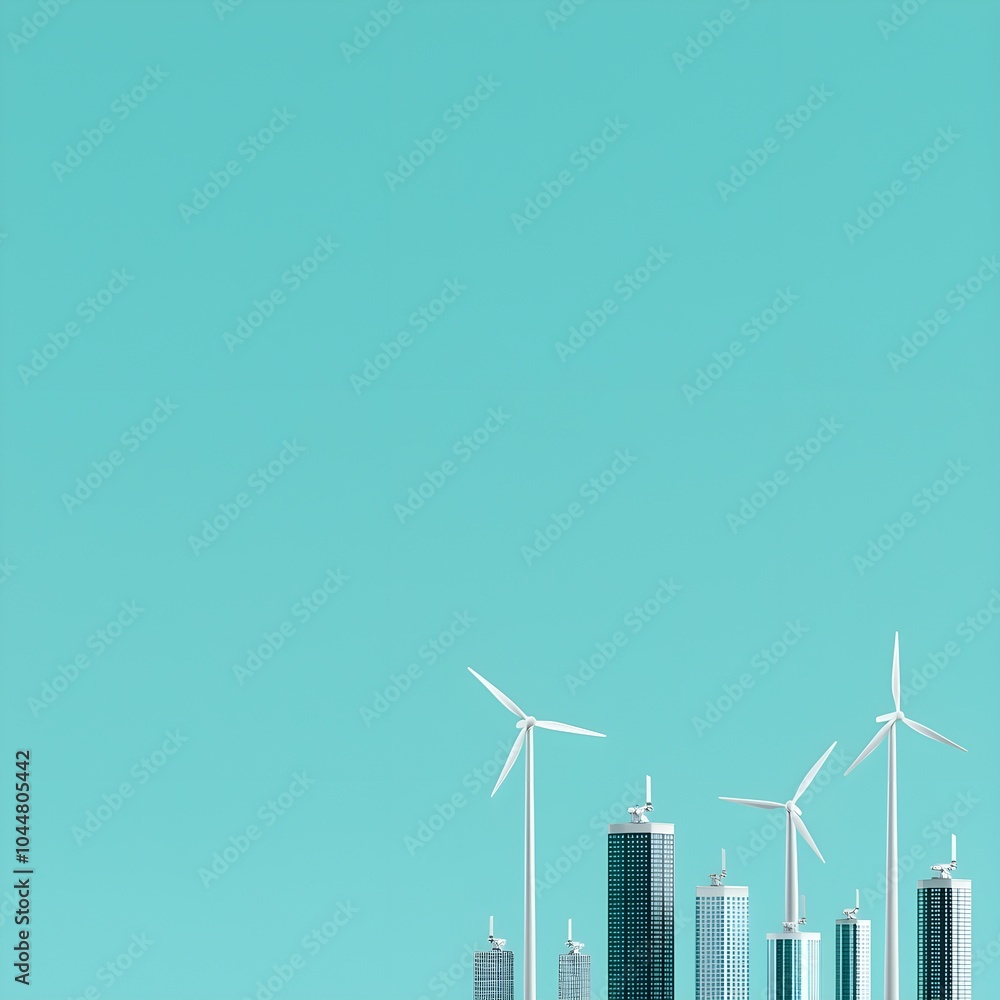 Modern skyline with wind turbines against a turquoise sky Modern skyline with wind turbines against a turquoise sky