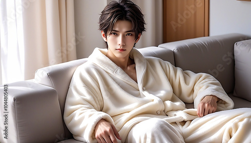 A handsome man relaxing on a white sofa in a living room with the morning sun shining in. Loungewear. Fluffy pajamas. Winter atmosphere.朝日の差し込むリビングルームの白色のソファでくつろぐイケメンな男性。部屋着。モコモコのパジャマ。冬の雰囲気。