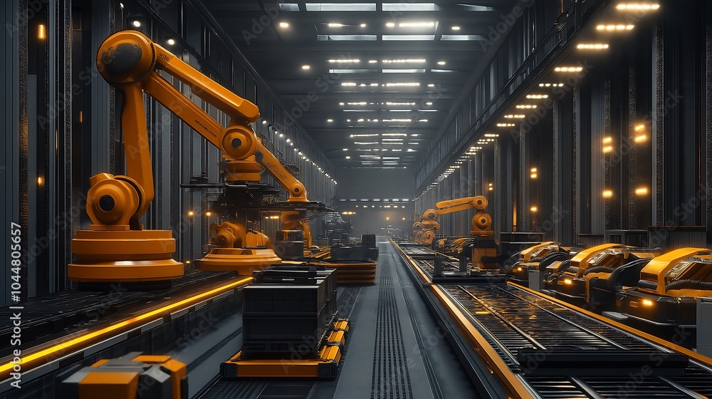 Automated warehouse system, robotic arms and conveyor belts, seamless flow.