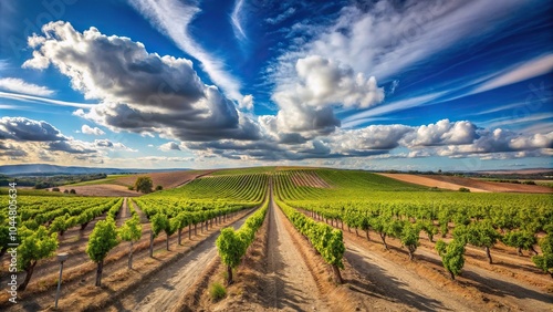 Vineyard field with blue sky and white clouds in Ribera del Duero region, Castilla