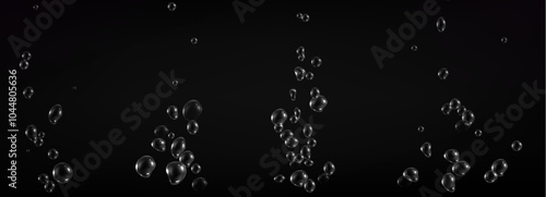 Fizzy water bubbles floating on dark background. Multiple transparent spherical shapes with light reflections for effervescent pattern. Realistic 3d vector natural carbonated beverage movement.