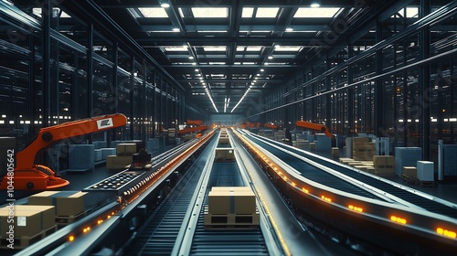 Automated warehouse system, robotic arms and conveyor belts, seamless flow.