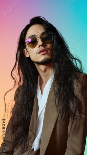 Wallpaper Mural グラデーションの背景に長い髪とサングラスをかけたモダンなファッションポートレート Torontodigital.ca