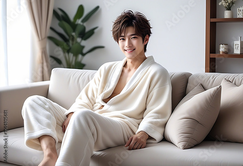 A handsome man relaxing on a white sofa in a living room with the morning sun shining in. Loungewear. Fluffy pajamas. Winter atmosphere.朝日の差し込むリビングルームの白色のソファでくつろぐイケメンな男性。部屋着。モコモコのパジャマ。冬の雰囲気。