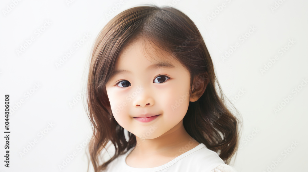 Portrait of smiling asian girl child with long white hair creamy white background. Portrait of smiling asian girl child with long white hair creamy white background.