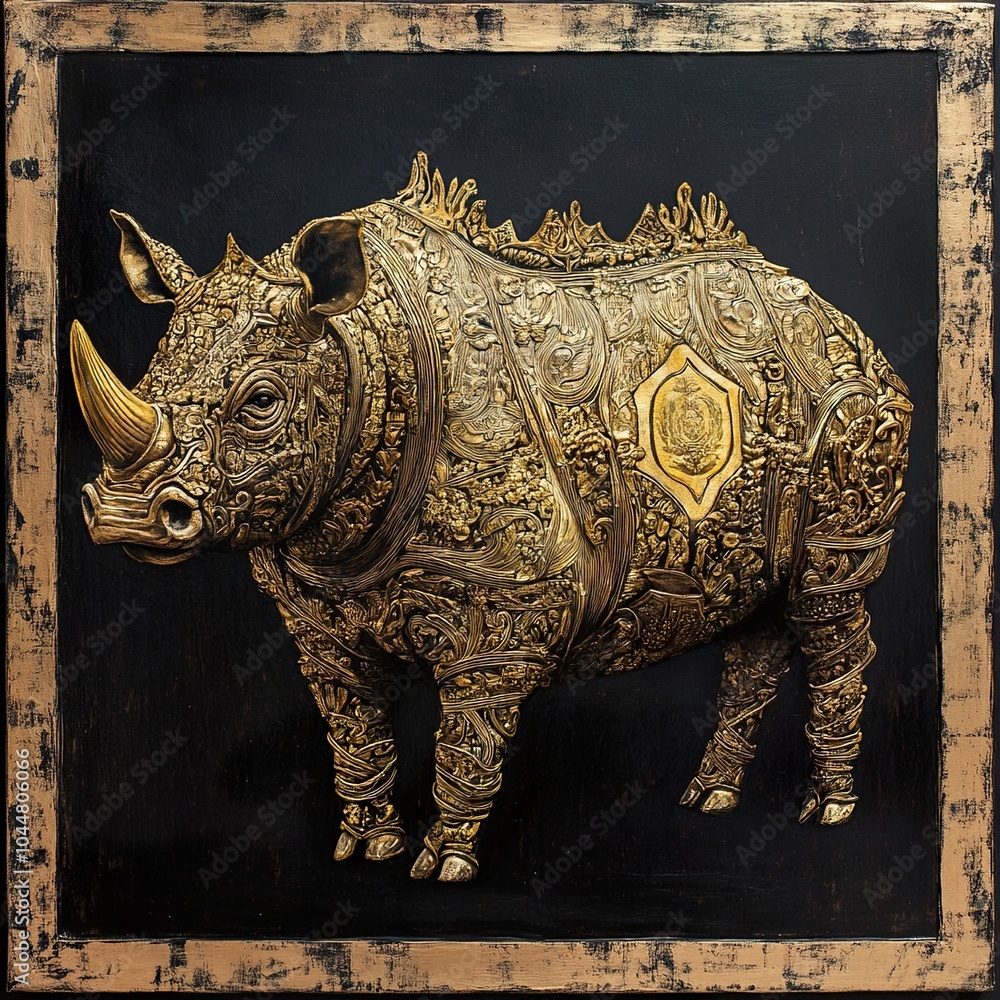 Fototapeta premium Golden Rhino Sculpture: A Detailed and Ornate Artwork